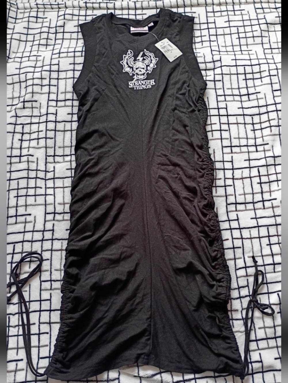 STRANGER THINGS Size Medium Black Embroidered Long Ruched Sides Dress New